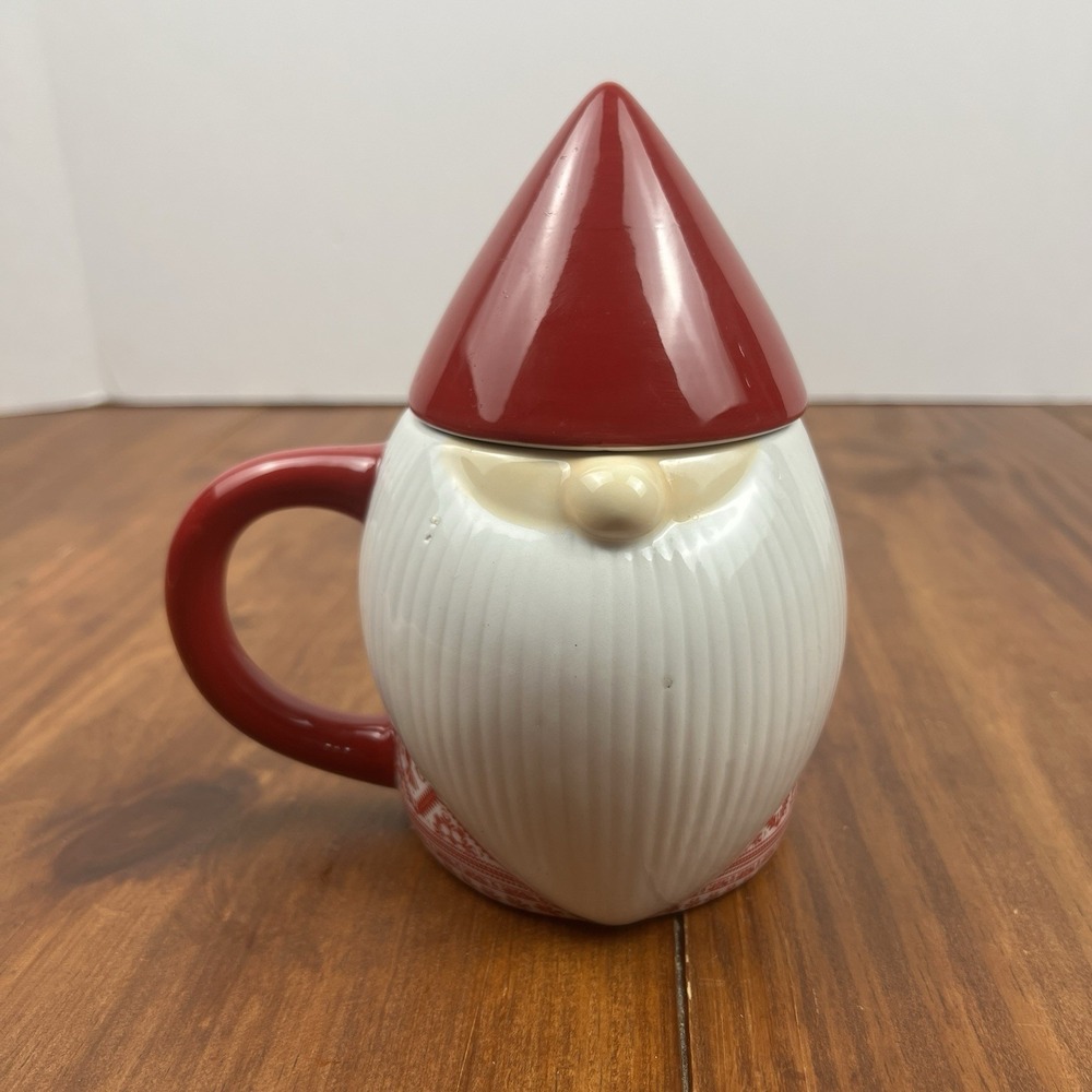 Santa Claus Gnome Mug w Lid Red White Christmas Ceramic Cup